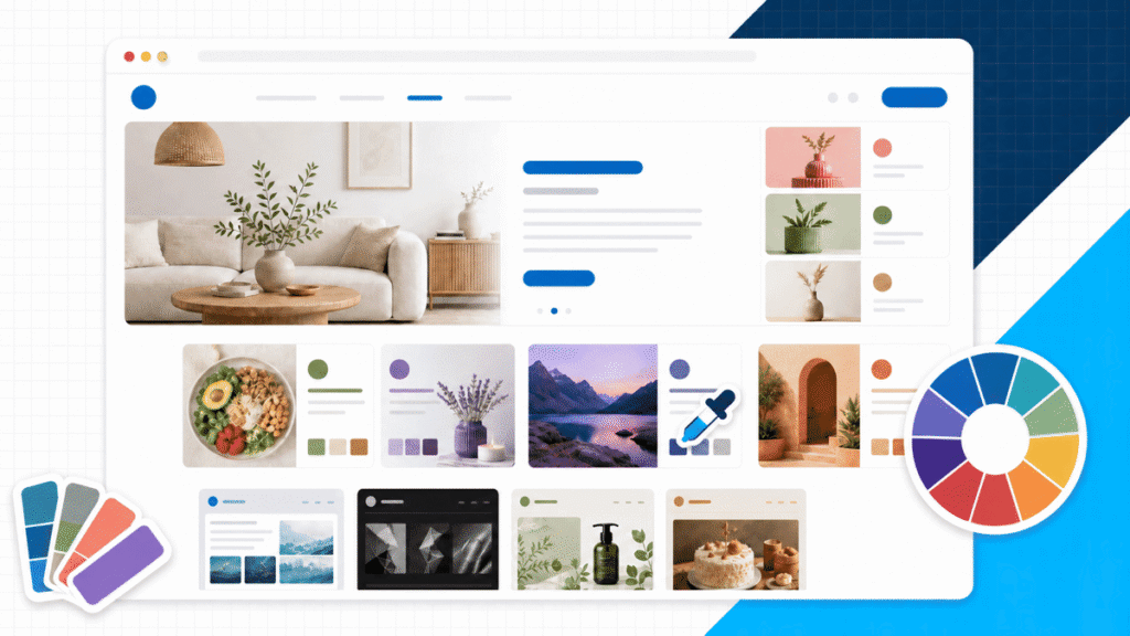 Website color scheme guide with coordinated palettes, a color wheel, swatches, and an eyedropper