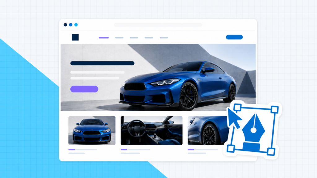 Blue sports car website design with a pen tool and cursor