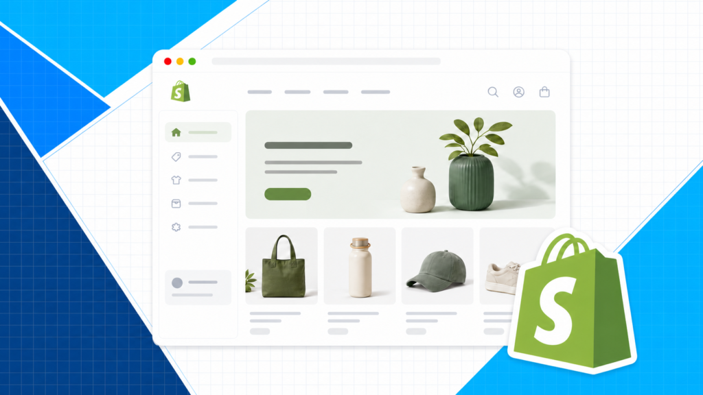 Illustrated Shopify storefront with products and Shopify shopping bag logo