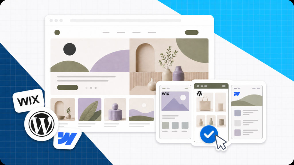 Wix, WordPress, and Webflow logos beside three website builder layout options