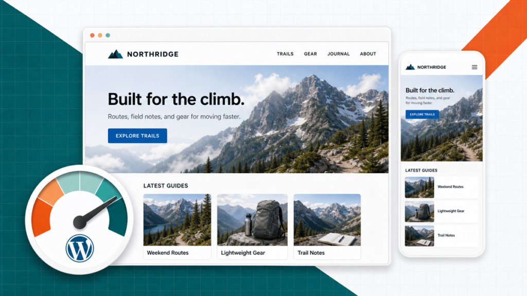 WordPress speed optimization website with responsive mountain layout and performance gauge