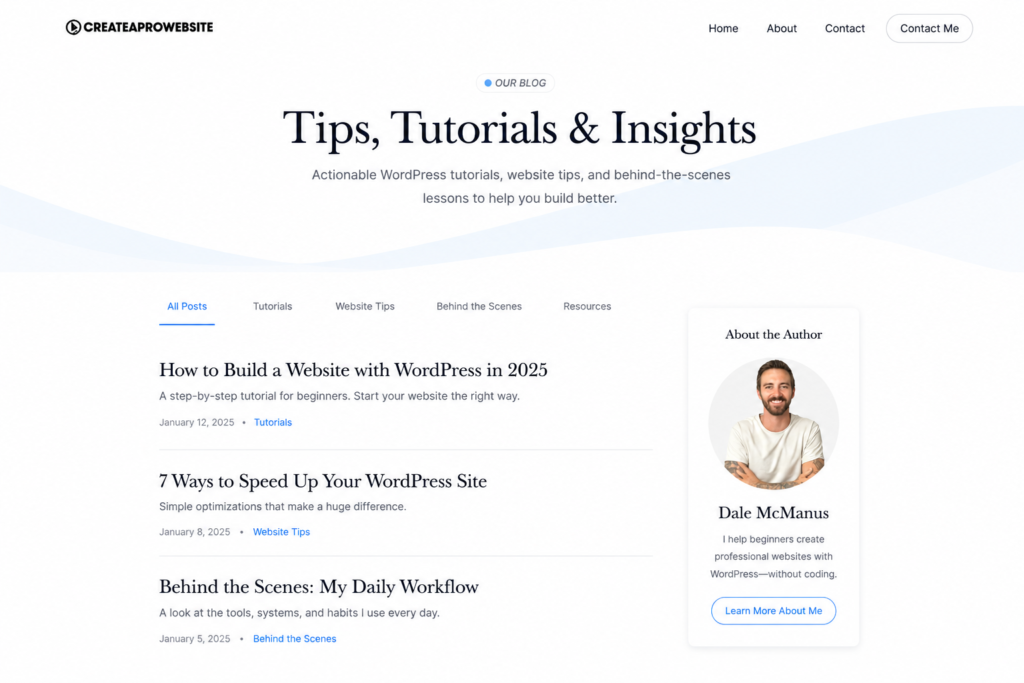 Example WordPress blog homepage with featured articles