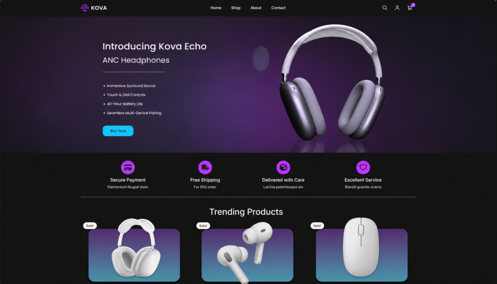 Example ecommerce website with a product grid and shopping cart