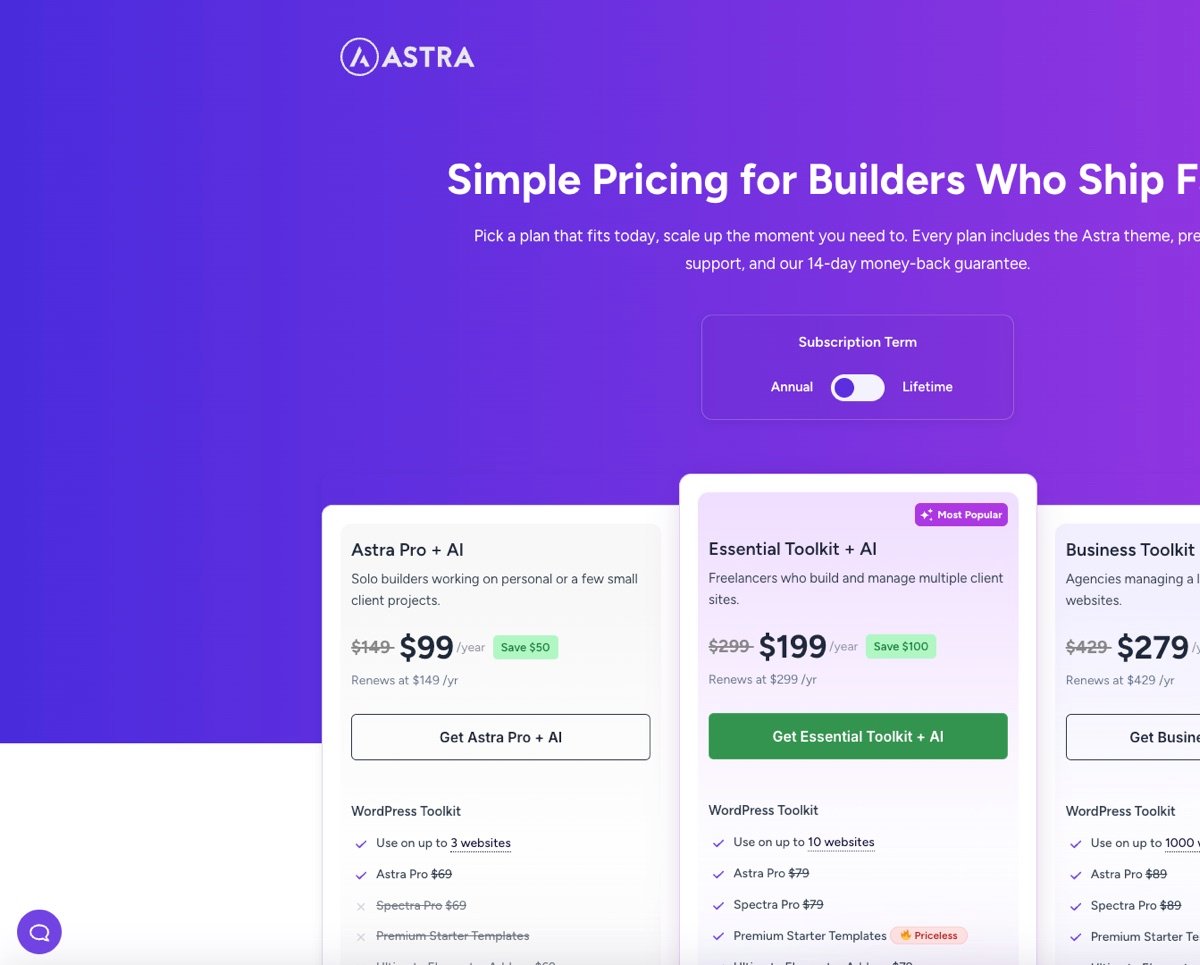 Astra 2026 pricing: Astra Pro, Essential Toolkit, and Business Toolkit plans