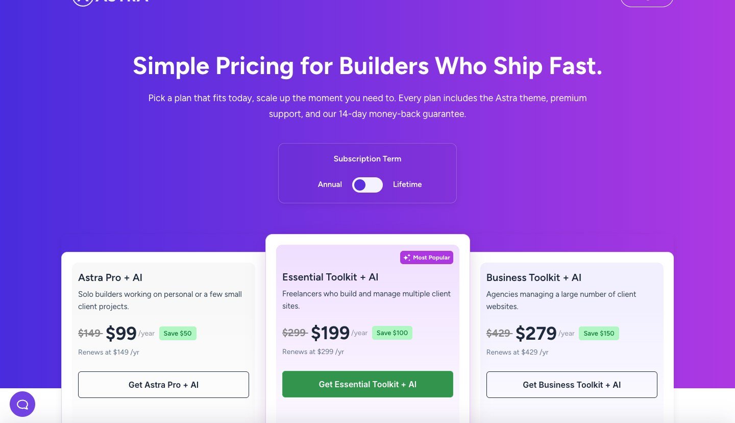 Astra theme pricing — free vs Pro comparison.