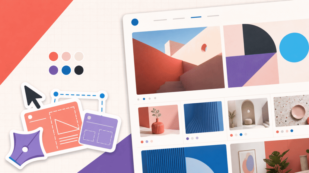 Website design mistakes illustrated with an overflowing browser window and scattered interface blocks