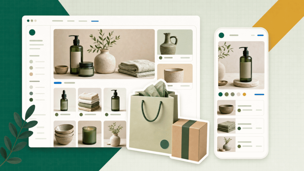 Ecommerce platform featured image showing desktop and mobile storefronts with a shopping bag and package.