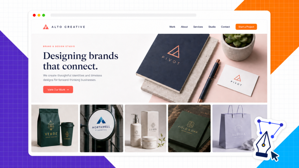 Free logo maker featured image showing a creative studio website, brand examples, and a vector pen tool.