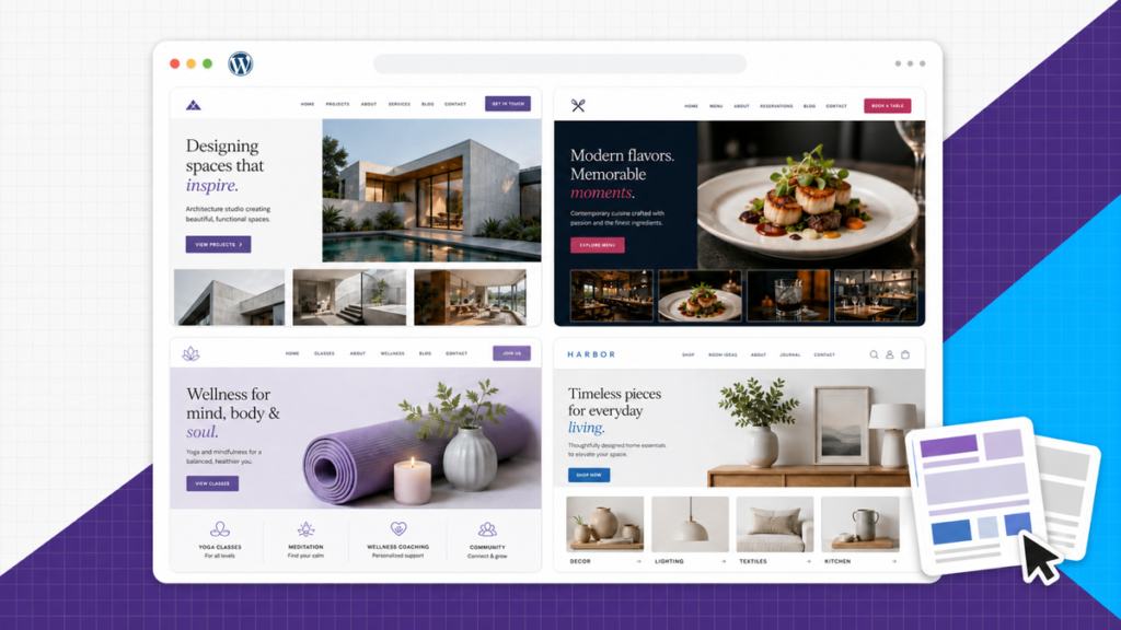 Best free WordPress themes featured image showing five website theme options