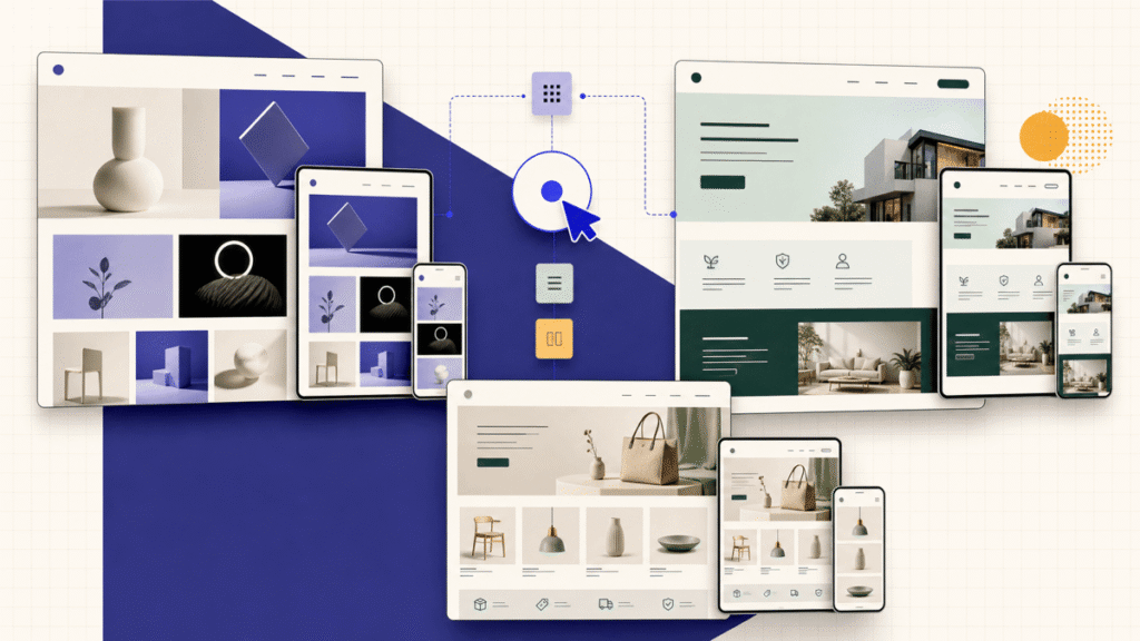 Website builder comparison featured image showing responsive portfolio, business, and online store websites.