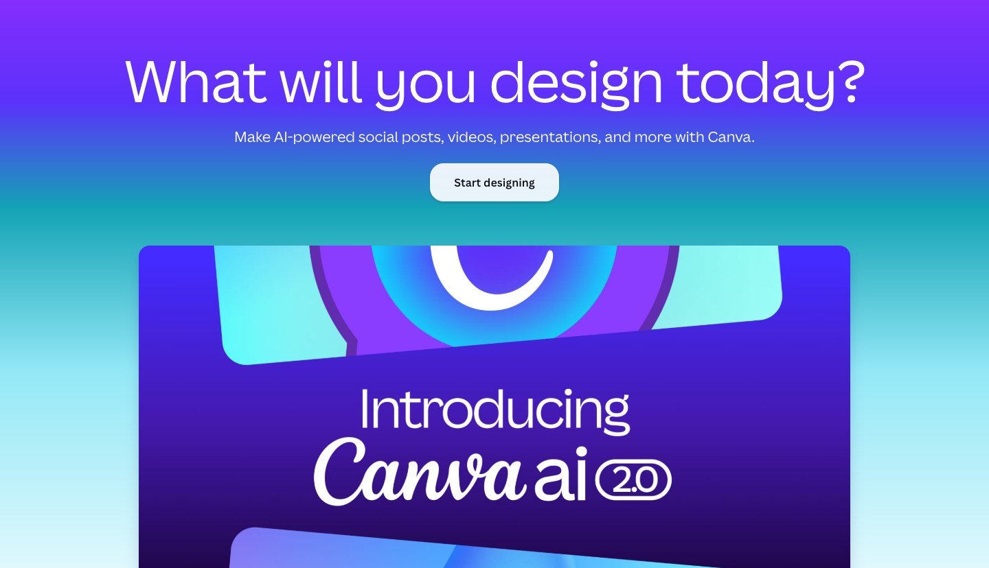 Canva homepage — design templates and AI image tools.