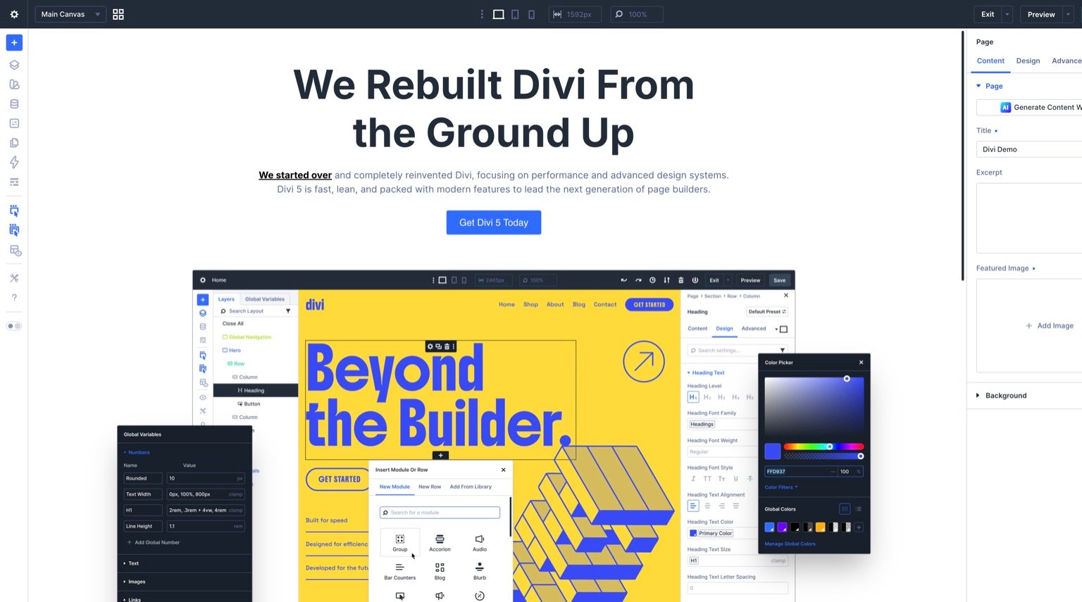 Divi 5 visual builder interface showing the canvas, layers, design variables, responsive controls, and settings panel
