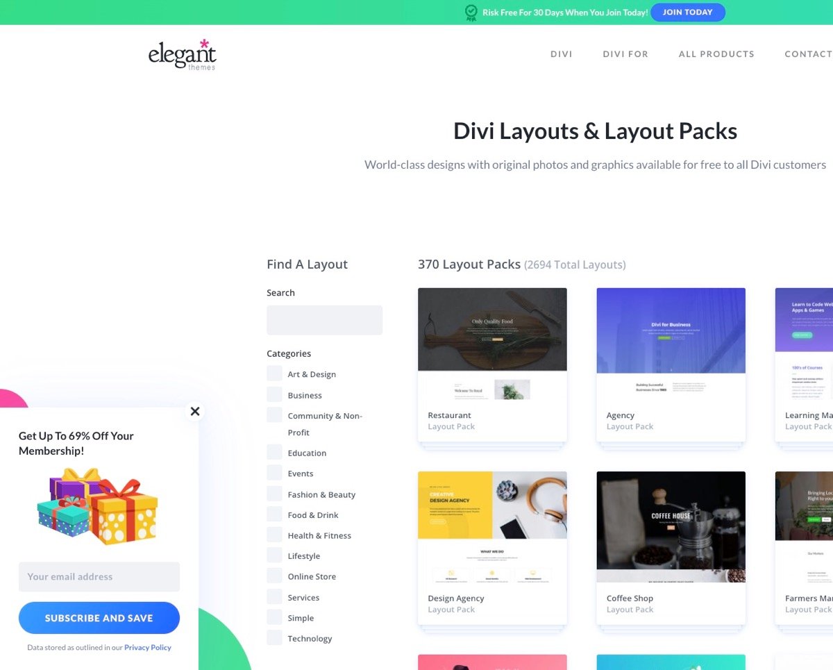 Divi layout pack library with 370 premade layout packs across business, restaurant, agency, and other categories