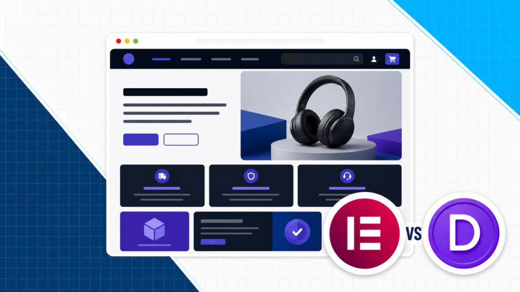 Divi and Elementor logo stickers facing off beside a purple and blue headphone product website.