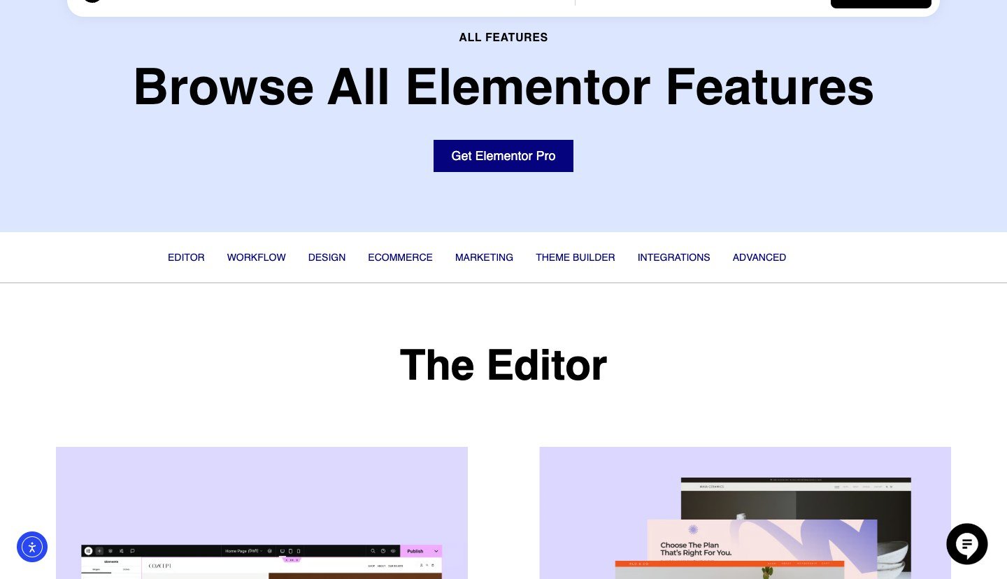Elementor features page — widgets and Theme Builder overview.