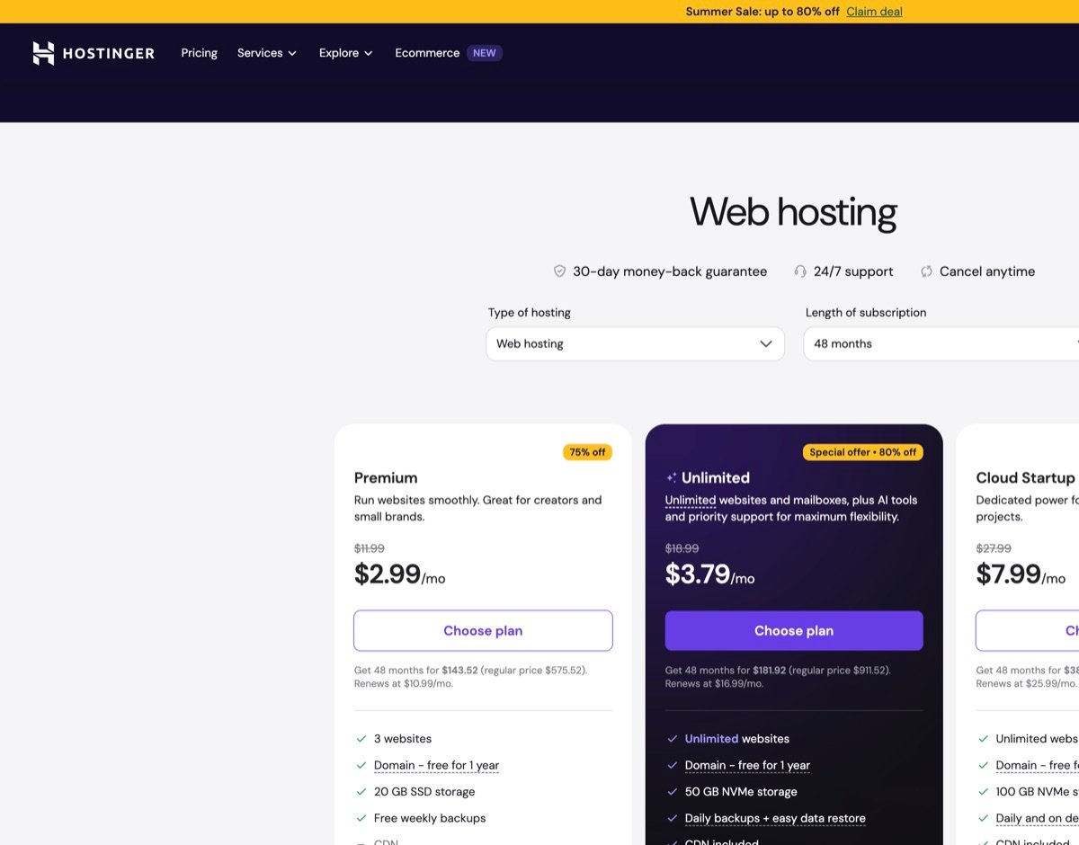 Hostinger 2026 pricing page showing Premium, Unlimited, and Cloud Startup plans