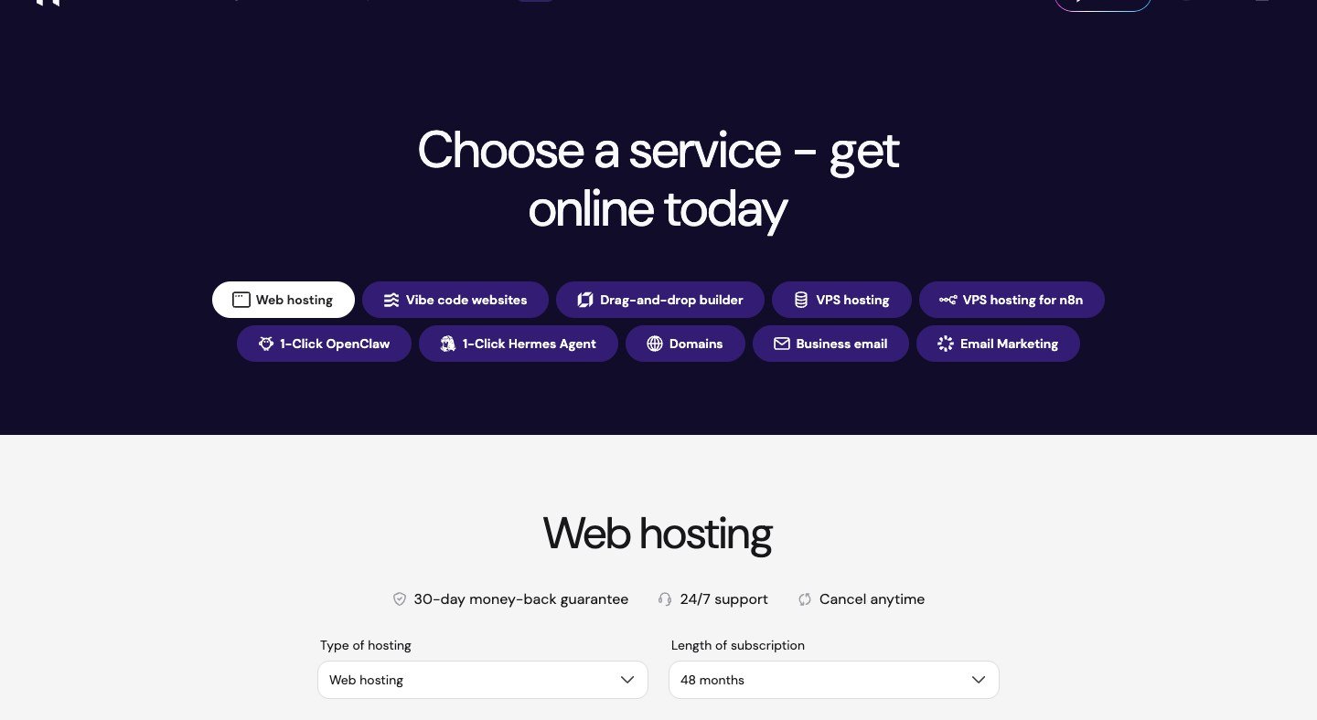 Hostinger pricing page — check intro vs renewal rates.