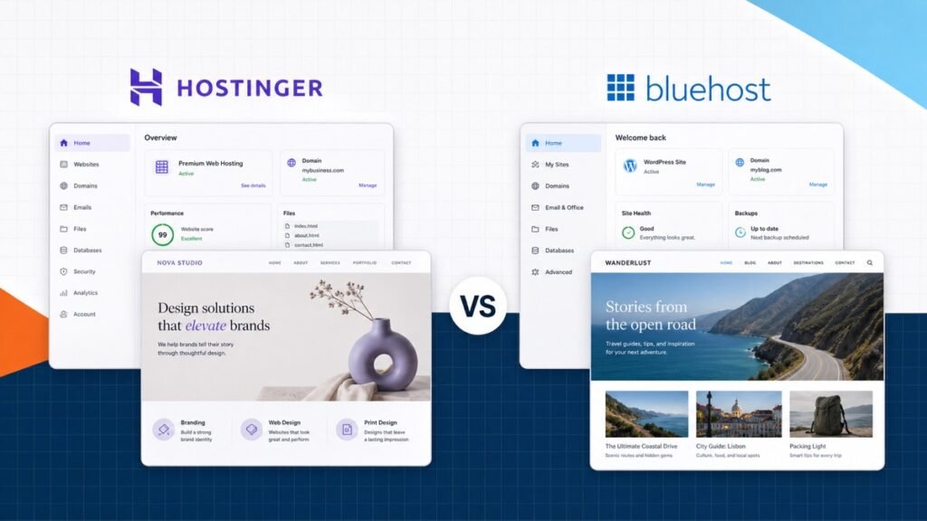 Hostinger vs Bluehost comparison with hosting dashboards and website previews