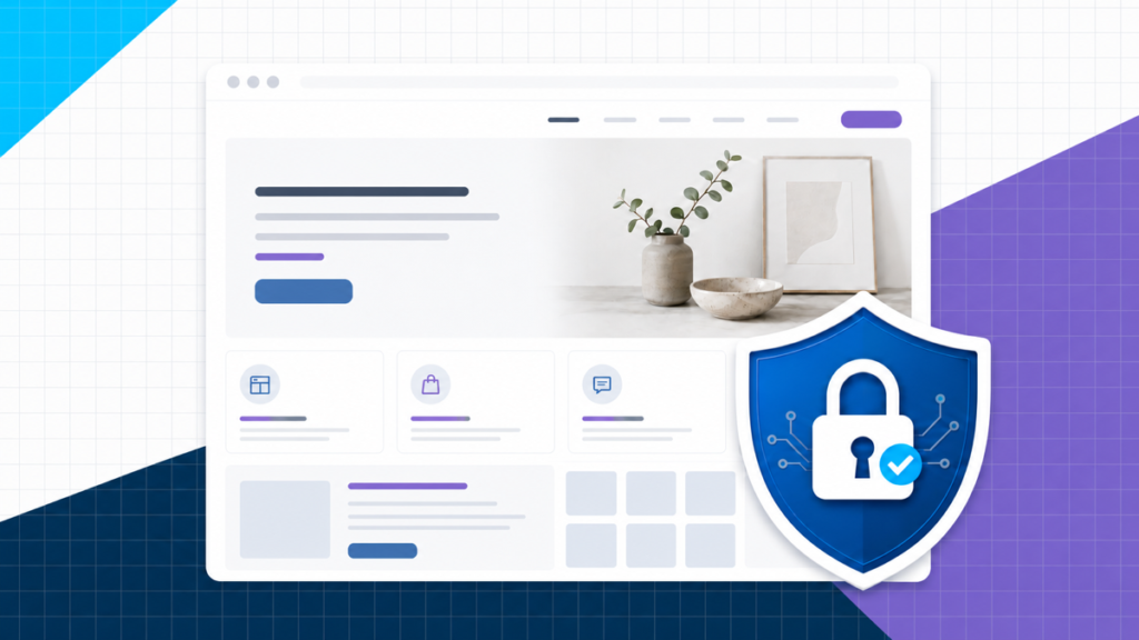 Website security shield and padlock protecting a website