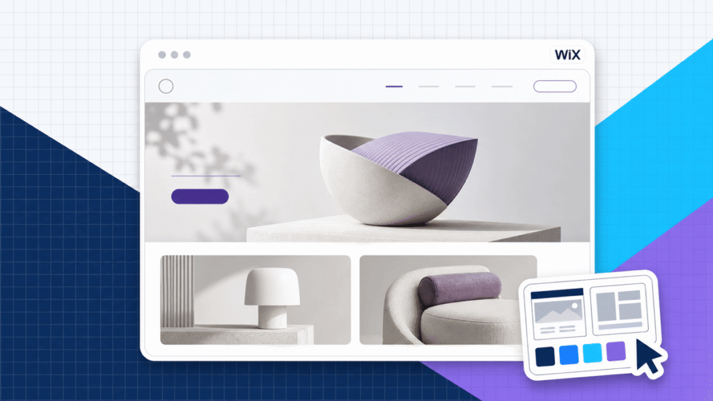 Wix tutorial featured image showing a purple product-design website and webpage layout controls.