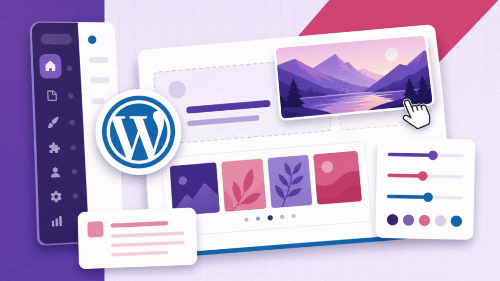WordPress tutorial featured image showing modular website blocks, editing controls, and the WordPress logo.