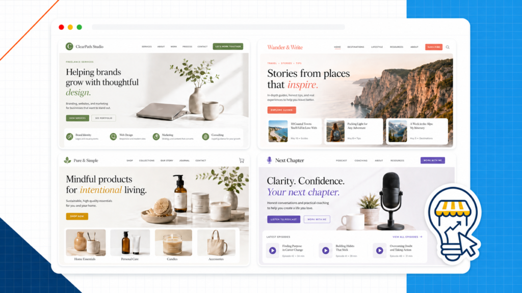 Online business ideas featured image showing service, blog, ecommerce, and podcast websites with a storefront lightbulb.