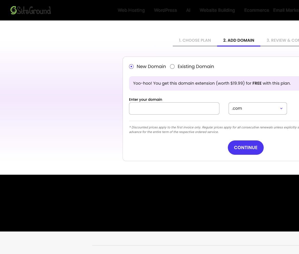 SiteGround checkout Add Domain step showing free domain offer and renewal fine print