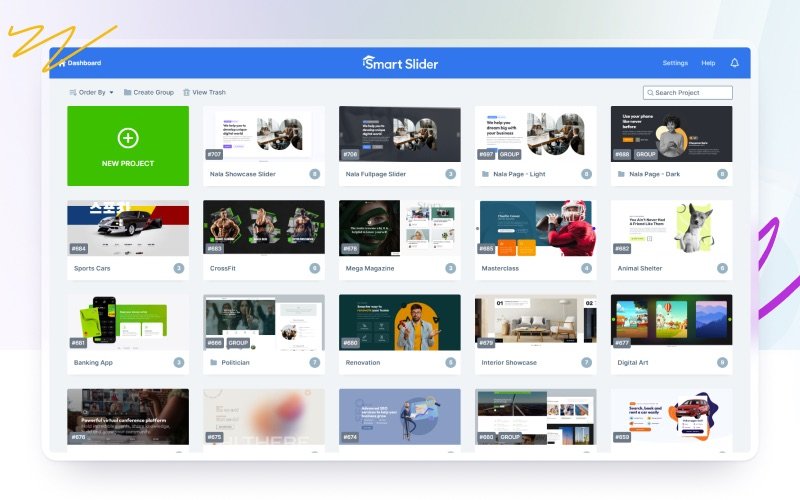 Smart Slider dashboard showing the New Project button and a grid of saved slider projects