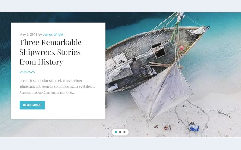 Responsive homepage slider example with a large image, headline, supporting text, button, and navigation dots