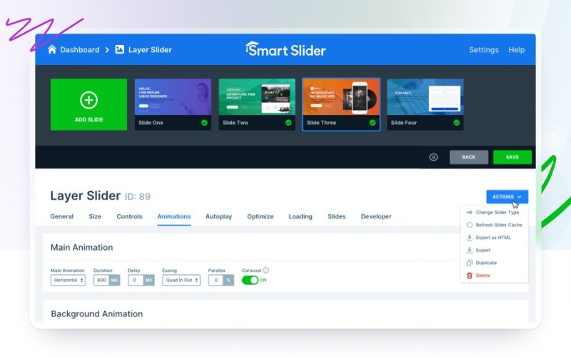 Smart Slider settings screen showing slides, animation controls, autoplay, optimization, and other tabs