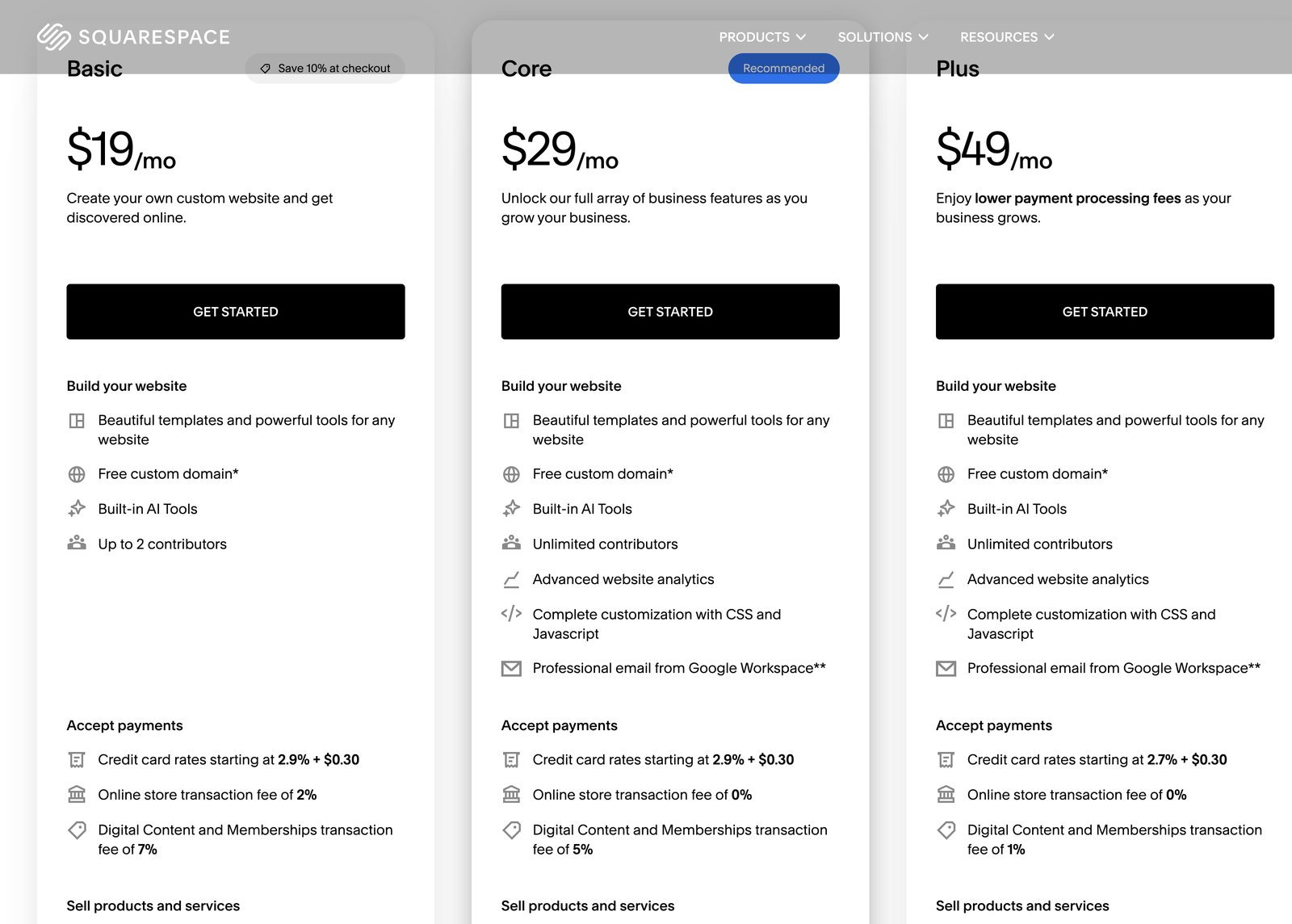 Squarespace pricing — Basic, Core, and Plus plans