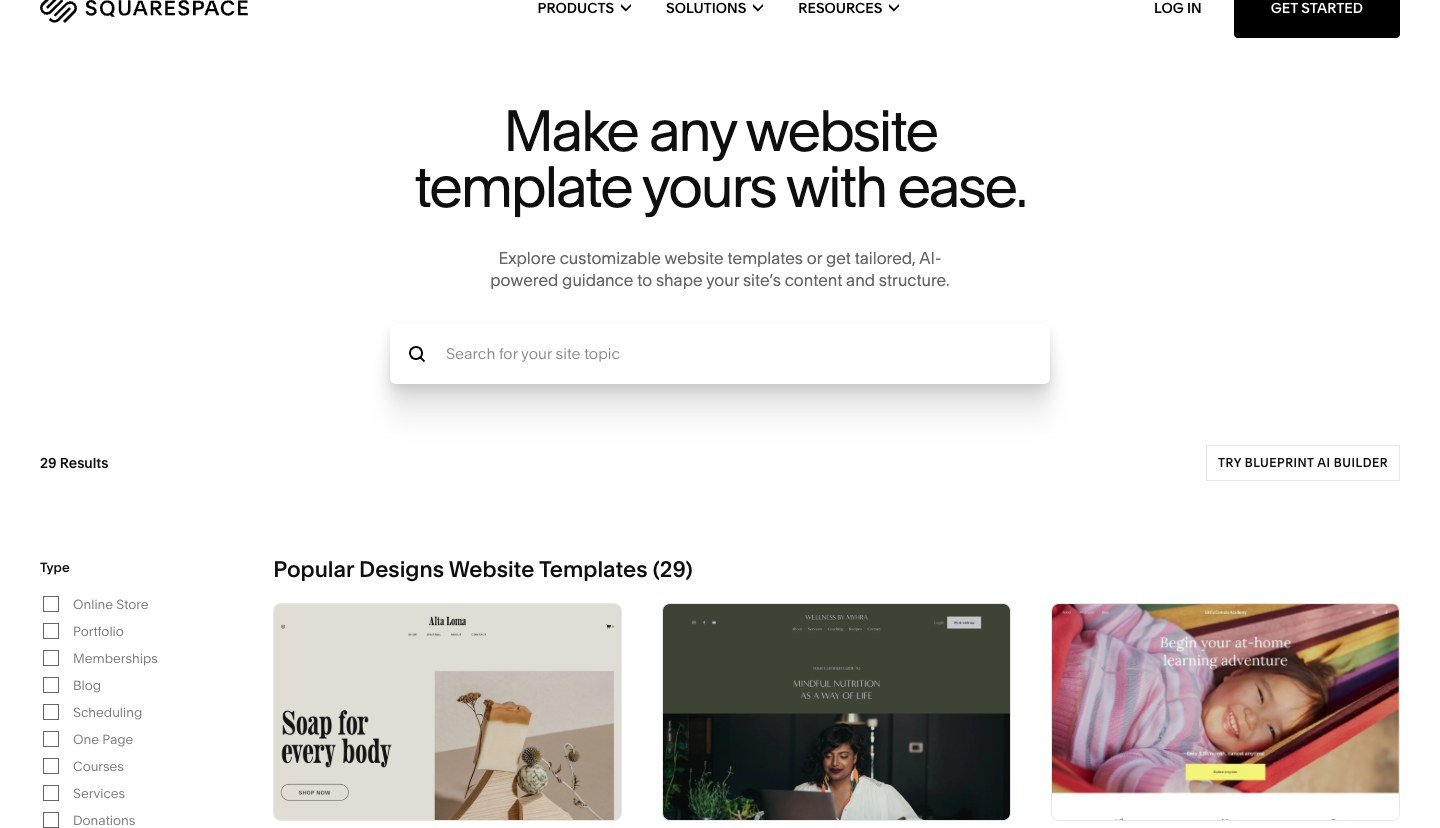 Squarespace commerce template gallery.
