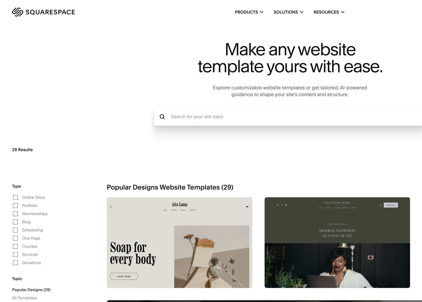Squarespace template gallery — Popular Designs filter