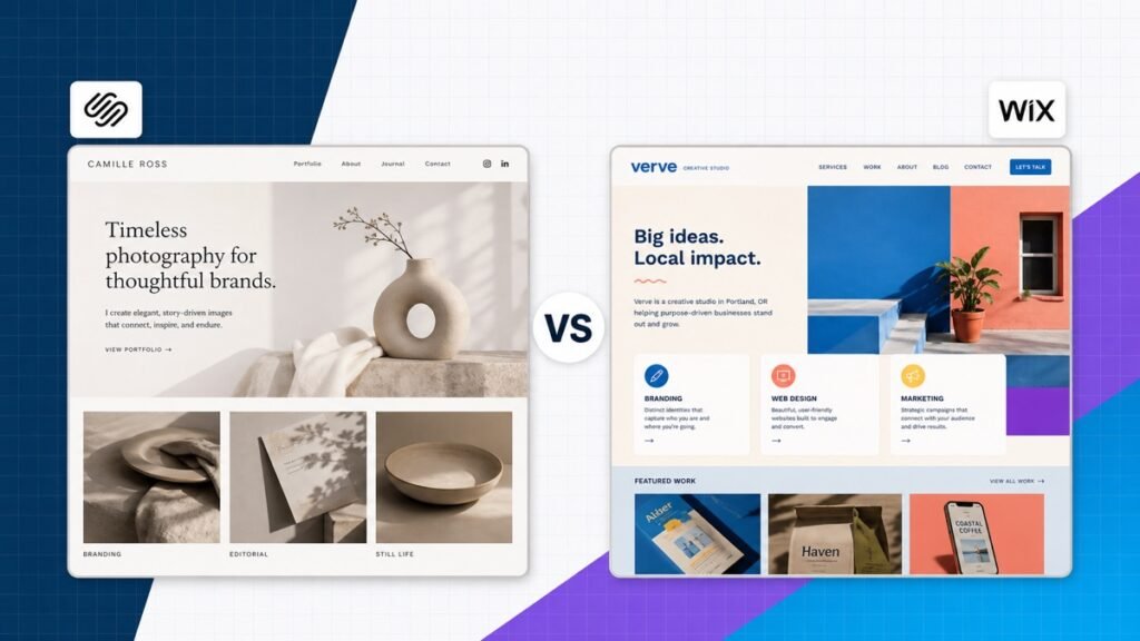 Squarespace vs Wix website builder comparison with two finished website designs