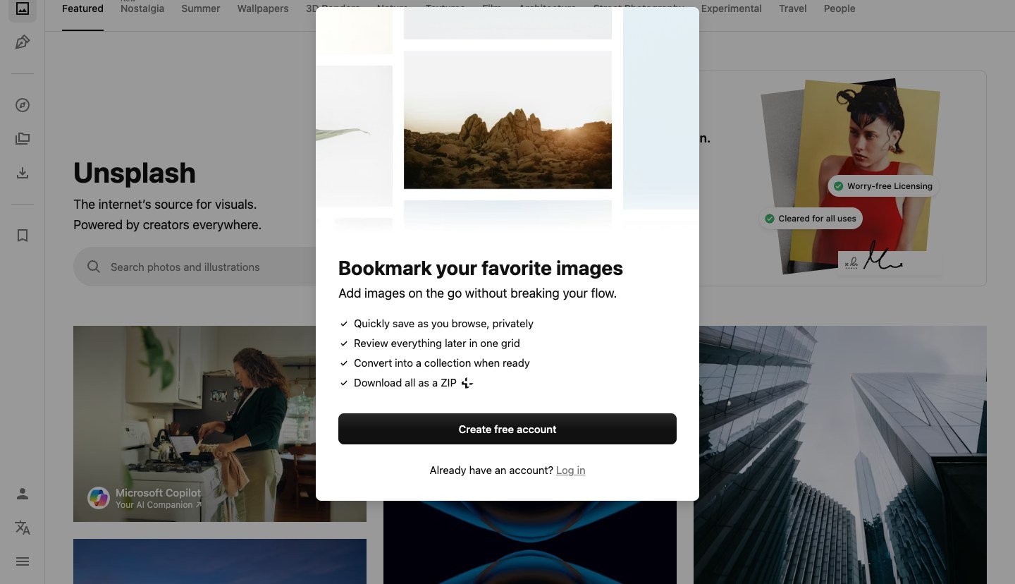 Unsplash homepage — free high-res photos for commercial use.