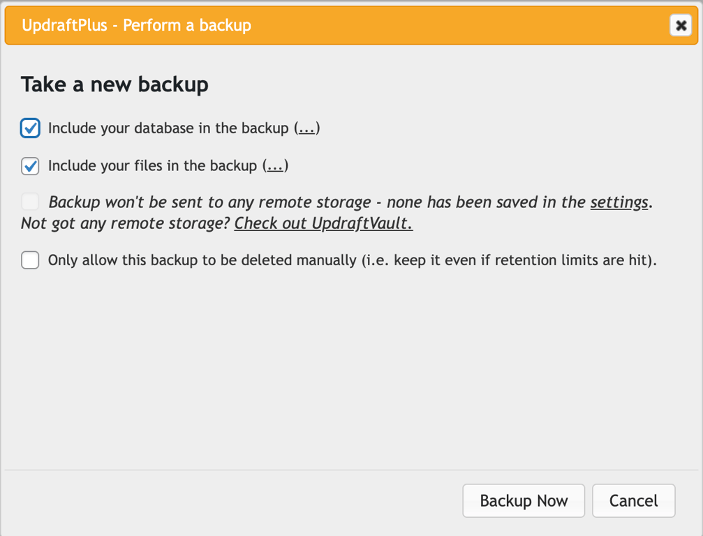 UpdraftPlus backup dialog with both database and files selected