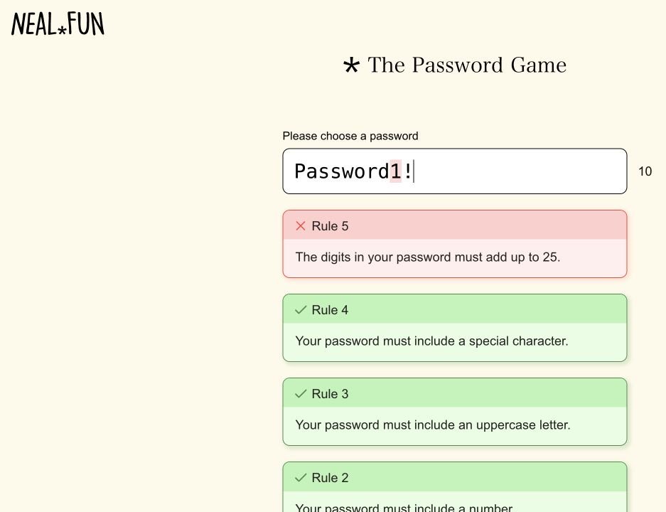 Neal.fun Password Game showing password rules that become increasingly difficult