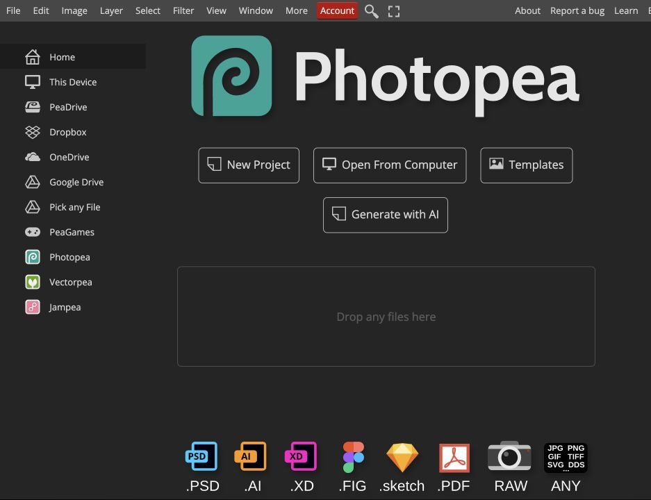 Photopea browser editor showing project, template, and file import options