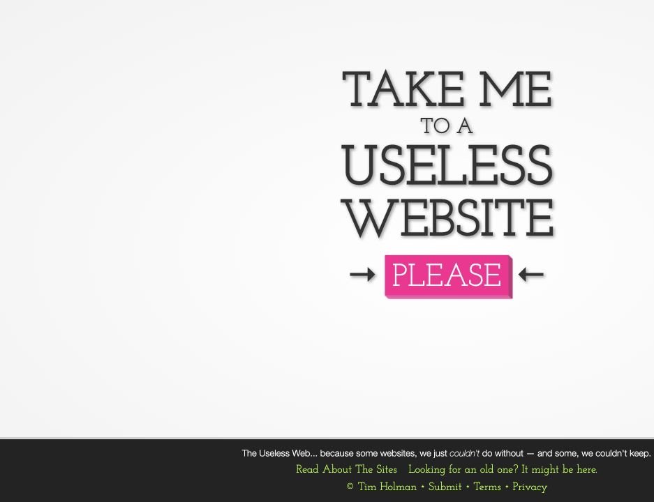 The Useless Web homepage with a pink button that opens a random useless website