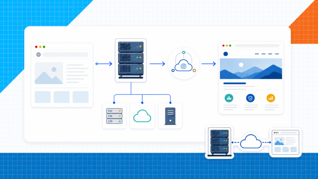 Web hosting explainer featured image showing a browser request moving through servers and the cloud to a finished website.