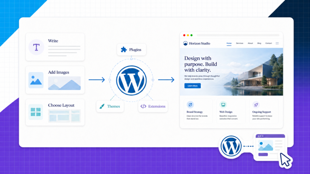 WordPress explainer featured image showing content and layouts flowing through WordPress into a finished website.