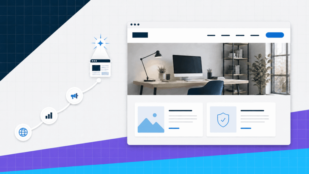 Professional business website connected to a path representing visibility, trust, and growth