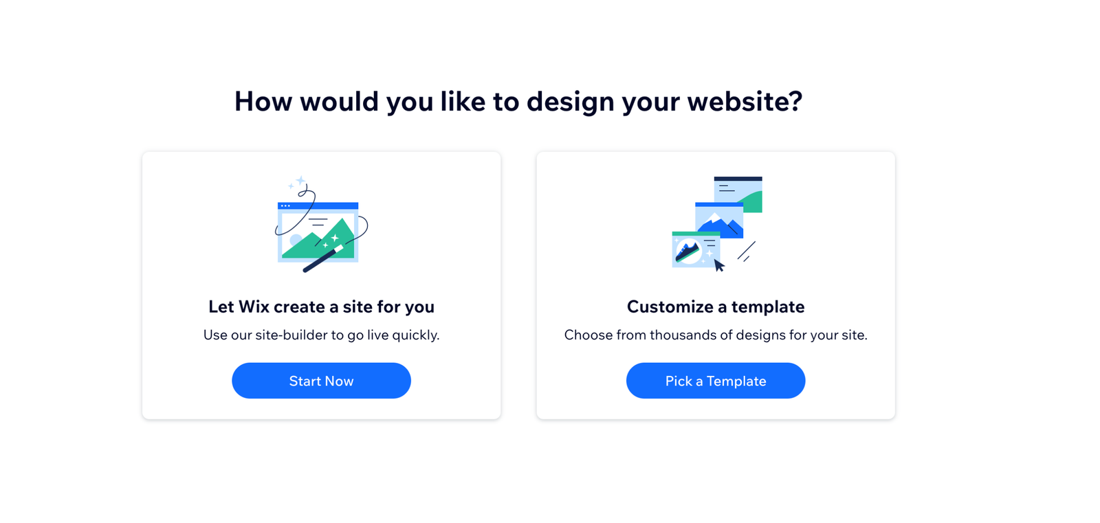 Wix setup screen offering AI site creation or template customization.