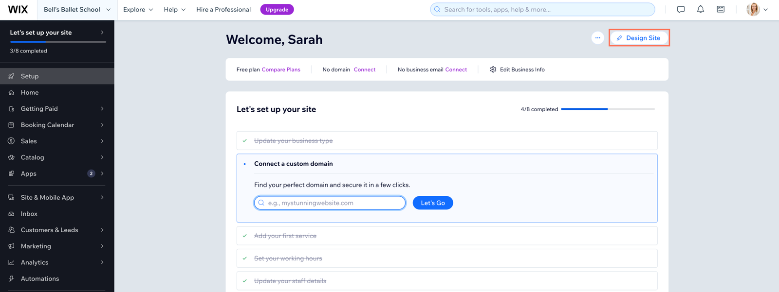 Wix dashboard with the Design Site button highlighted.
