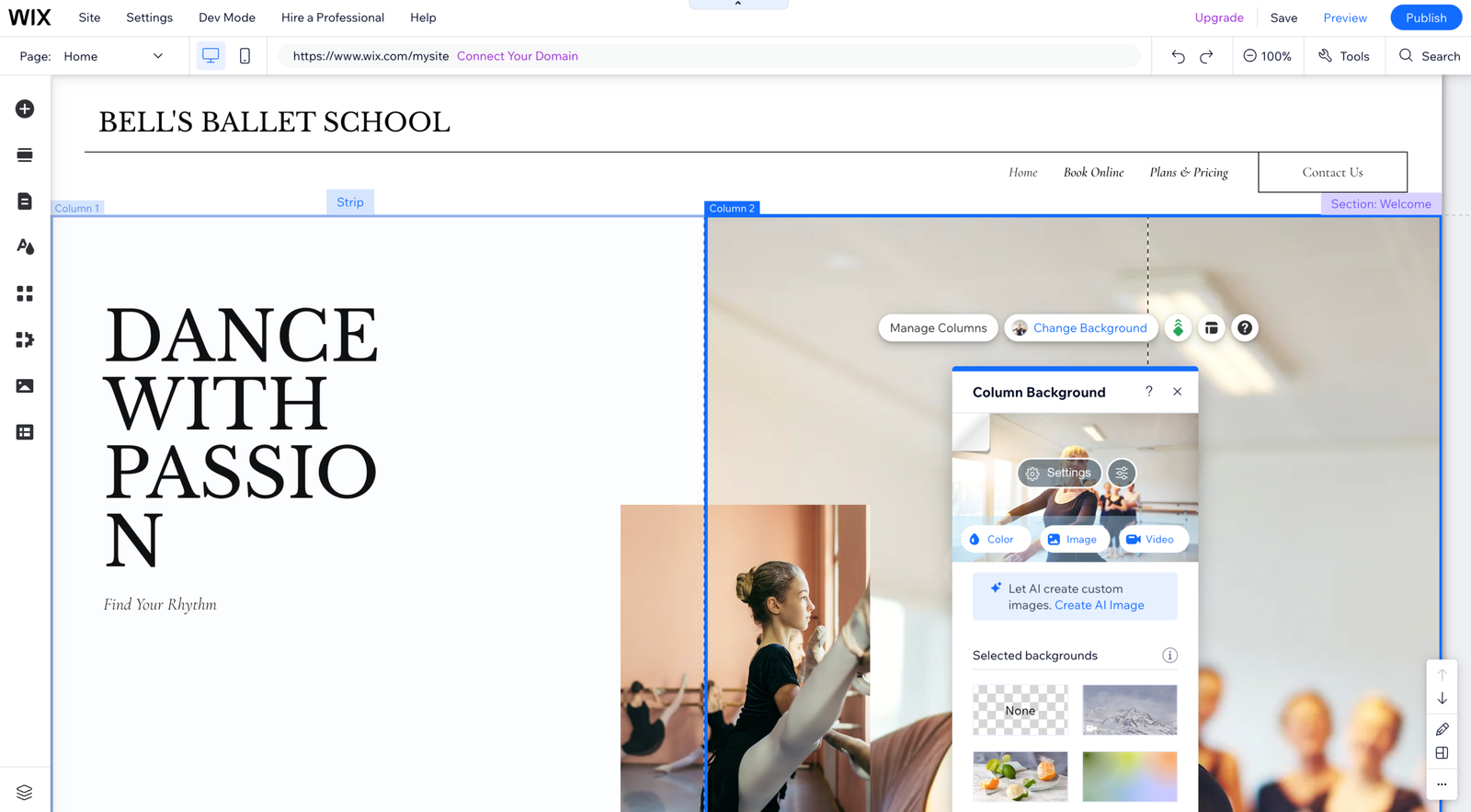Wix visual editor showing desktop and mobile controls, page settings, and publishing tools.