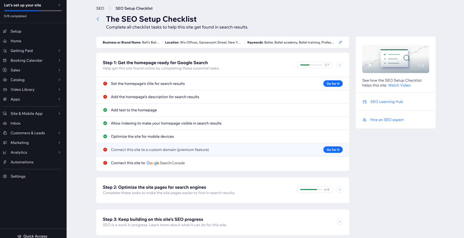 Wix SEO Setup Checklist showing title, description, indexing, mobile, domain, and Search Console tasks.