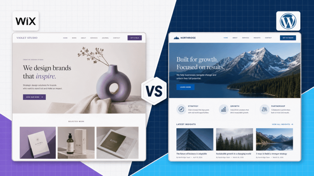 Wix versus WordPress featured image comparing a purple creative portfolio website with a blue business website.