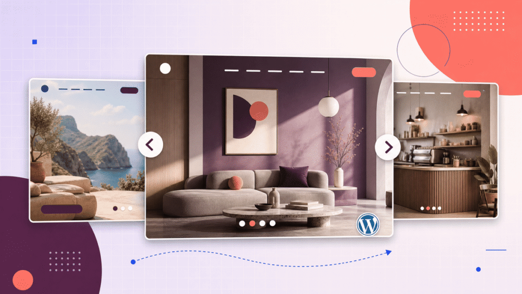 WordPress homepage slider featured image showing three website hero slides with navigation arrows.