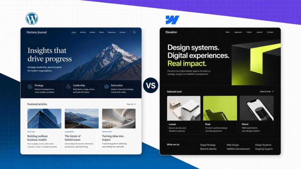 WordPress vs Webflow comparison with content website and design agency website