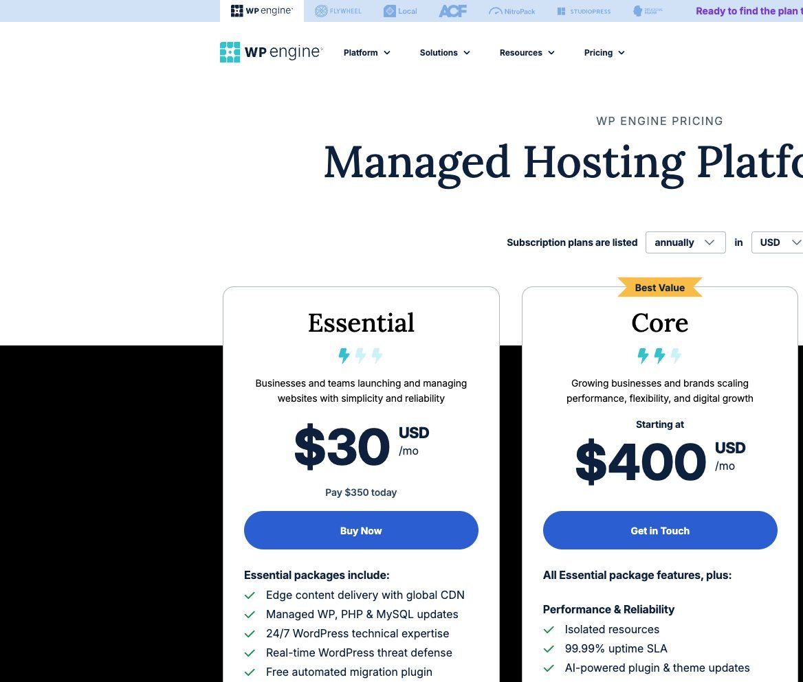 WP Engine Managed Hosting Platform plans Essential and Core pricing